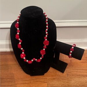Red rose and pearl necklace and matching bracelet